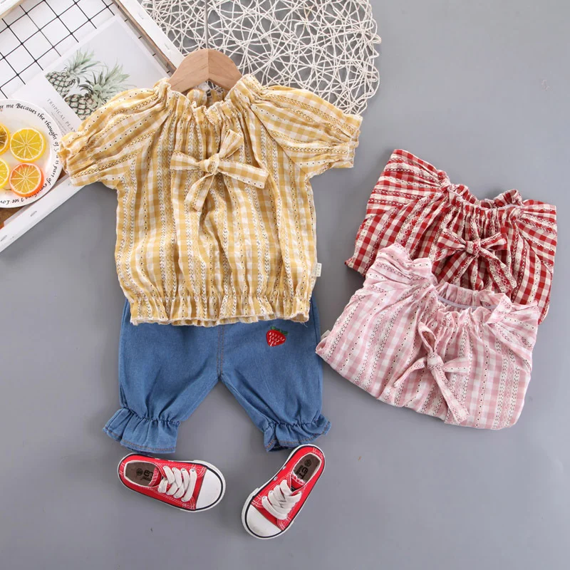 

2021 Baby Girls Clothes Sets Toddler Kids Summer Outfits Cute Cotton Free Shipping Suit Short Top+Jeans 2 Piece Children Costume