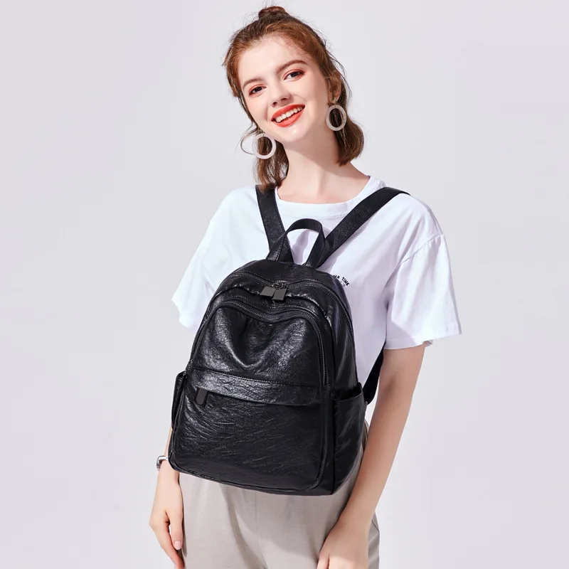 

Women Leather Backpack Teenage Girls School Bag Female Vintage Large Solid Soft Backpacks Mochila Black Back Pack Bags New C1136