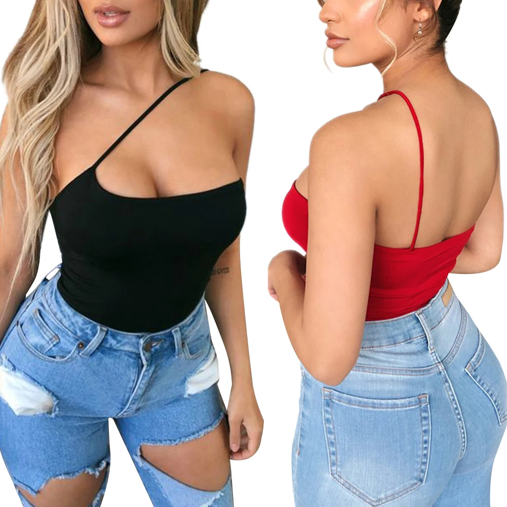 Женский сексуальный топ без рукавов на бретельках с одним плечом и тонкими