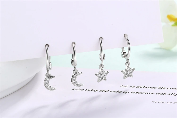 925 стерлингового серебра женские серьги Moon Star Асимметричные Эффектные серьги, ювелирные изделия корейские Brinco CZ камни SE749
