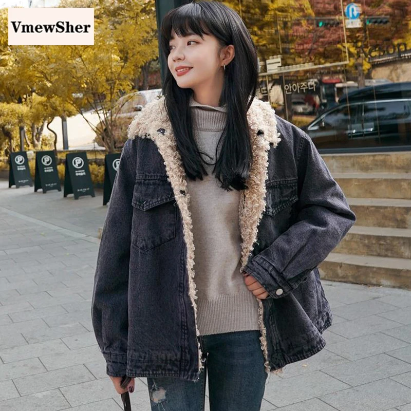 VmewSher New Plush Fleece Lined Denim Jackets 2020 Women Winter Warm Jean Coats Thick Female Loose Outwear Faux Lamb Fur Collar