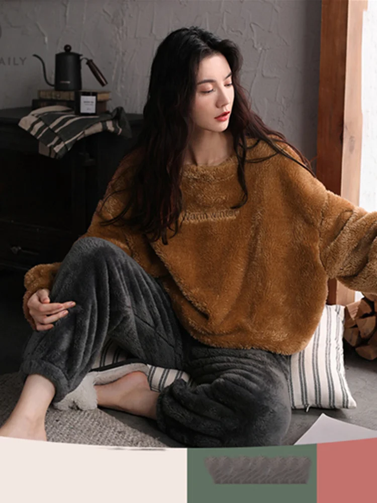 Coral Fleece Pajamas Casual Loose Fashion Worn Outside Long Sleeve Sleepwear Comfy Set Pigiama Winter Pyjamas Women DI50SY