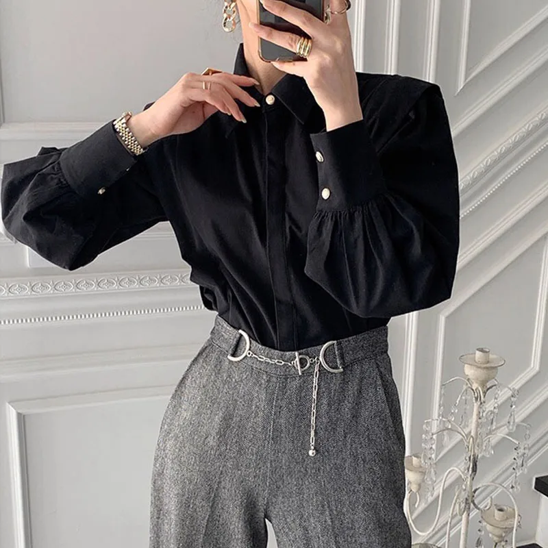 

2021 Spring autumn Blouses Vintage Minimalist Loose White Shirts for Women Chic Turn-down Collar Solid Female Shirts Tops 12872