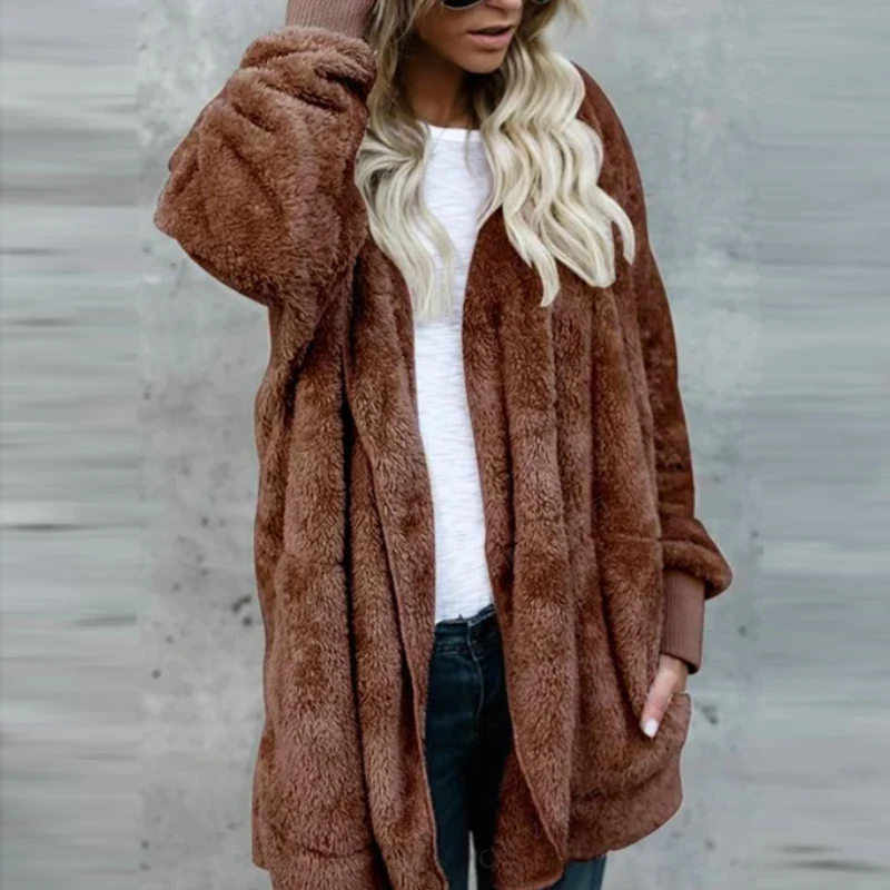 

Women Plush Solid Long Cardigan 2021 Autumn Winter Warm Soft Coat Fur Jacket Furry Outwear Pocket Buttonless Cardigan Hooded Hot