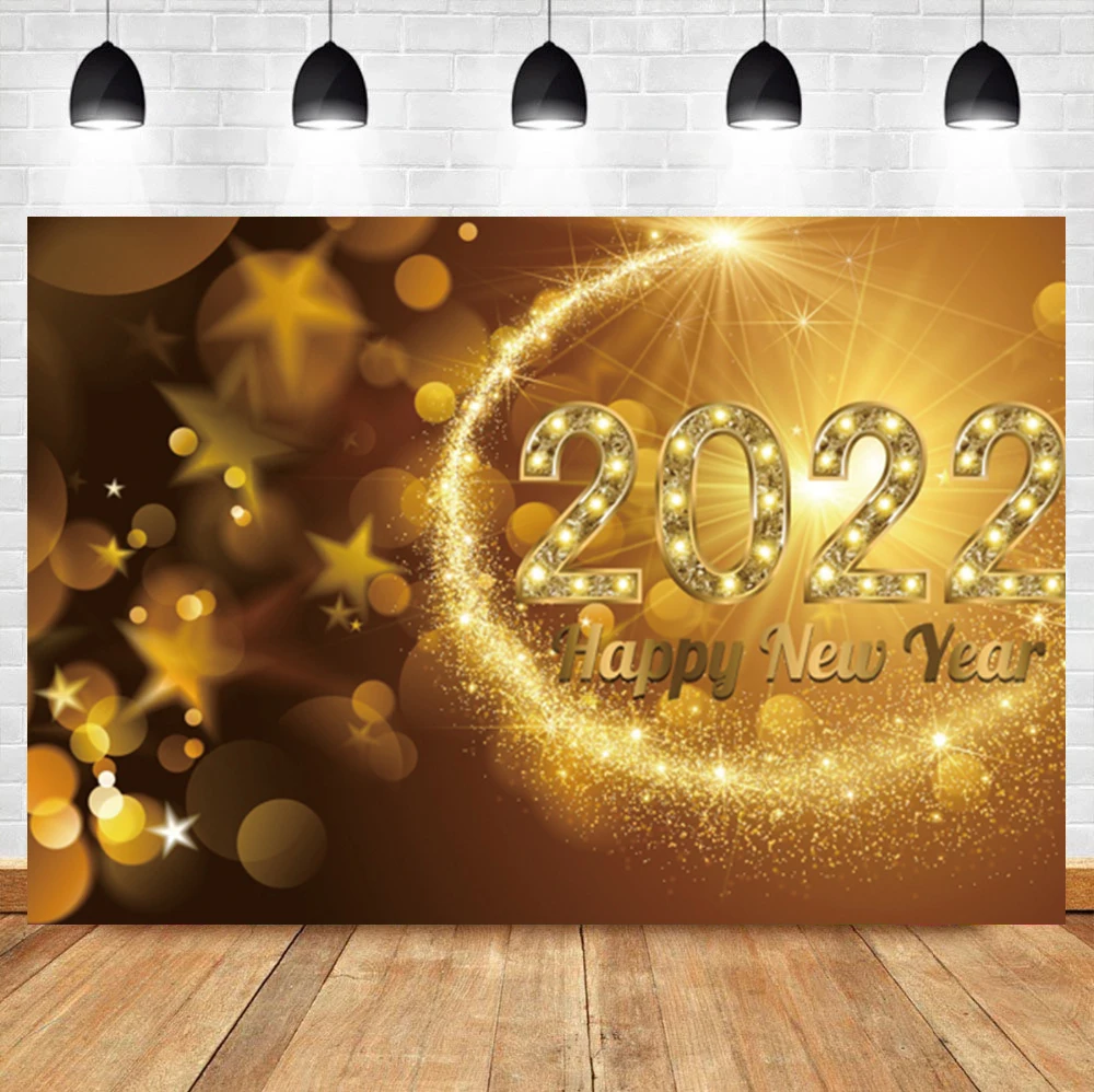 

Laeacco Happy New Year 2022 Golden Glitters Light Bokeh Family Party Backdrop Photographic Photo Background For Photo Studio