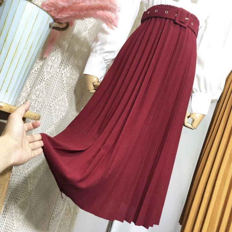 

High Waist Women Skirt Casual Vintage Solid Belted Pleated Midi Skirts Lady 9 Colors Fashion Simple Chiffon Saia Mujer Faldas