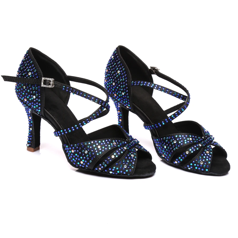 HROYL Women Latin Dance Shoes Elegant With Rhinestone Ballroom Tango Dancing Shoes High Heels Blue Sandals