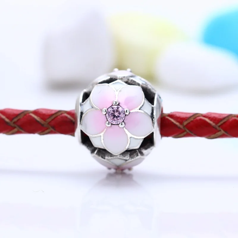 Бусина из серебра 925 пробы с цветами магнолии и эмалью подходит для браслетов