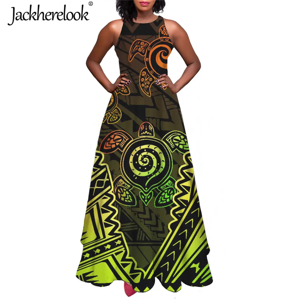 

Jackherelook Gradient Polynesian Tribal Sea Turtle Brand Design Casual Party Maxi Dresses for Teen Girls Sleeveless Long Dress