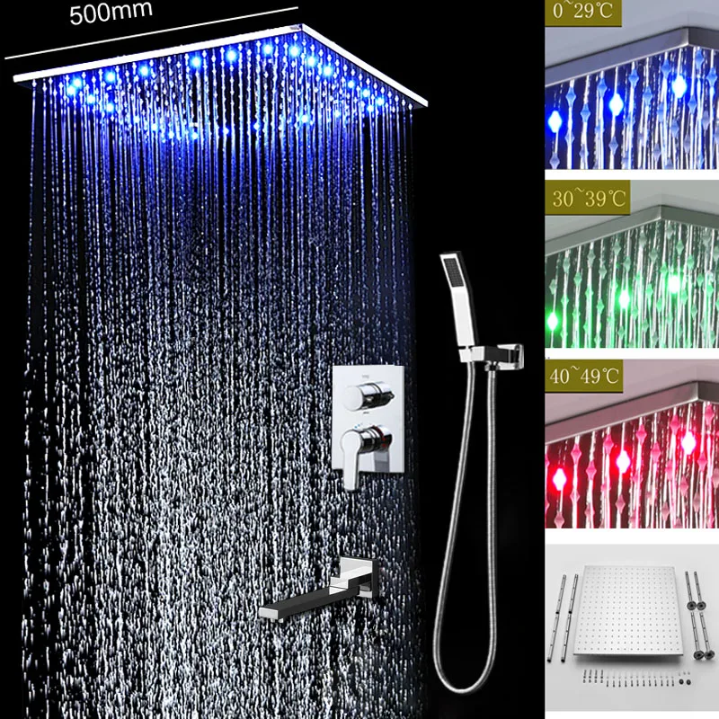 

20 Inch Hot and Cold Hotel 3 Functions Shower System Ceiling Mounted LED Rainfall Shower Head Set Top Faucets Spout Bathroom