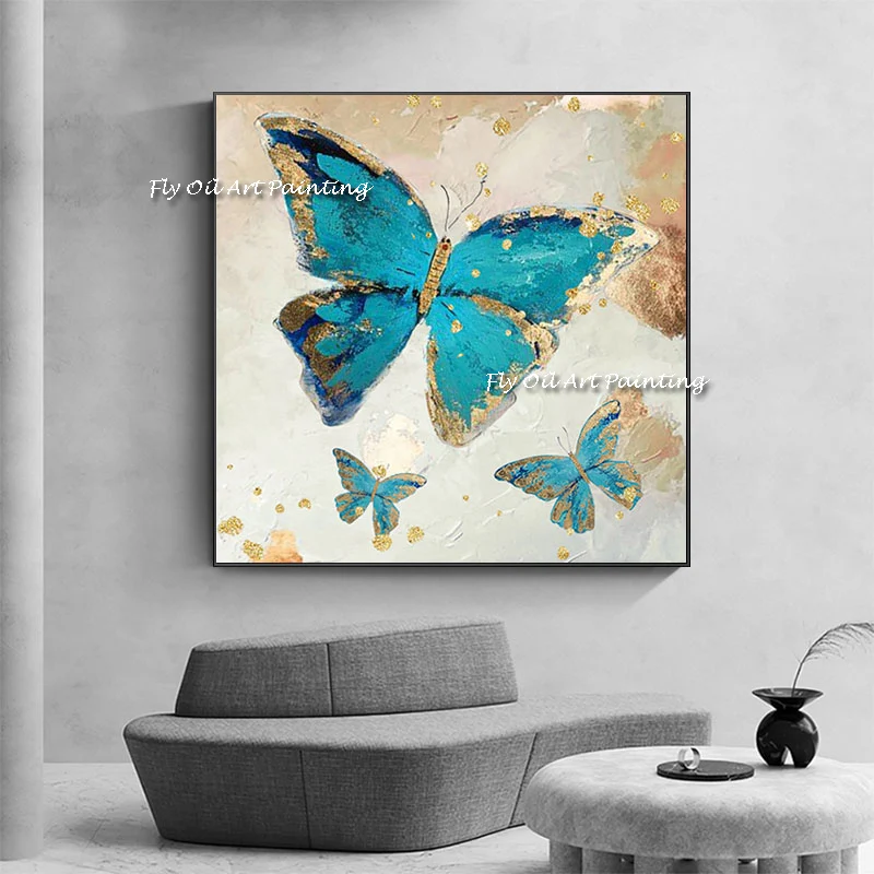 

Картина маслом «Голубая Золотая Бабочка» ручной работы, плакат с красивой современной росписью, картины на холсте «Куадрос» для декора гостиной