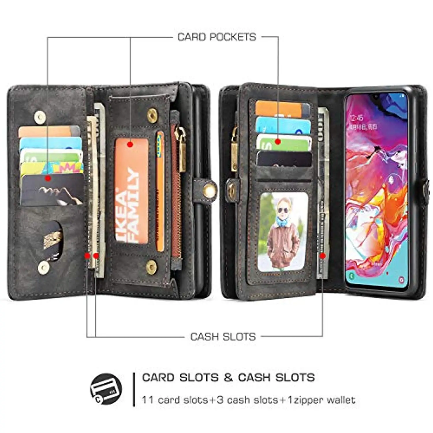 Luxury Detachable Zipper Genuine Leather Case for Samsung A70 A50 A40 A20E A30 A80 A90 Cover Wallet Magnetic Buckle Flip Pouch