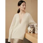 Женский трикотажный свитер из овечьей шерсти, однотонный Свободный Повседневный свитер с глубоким V-образным вырезом, зима 2021