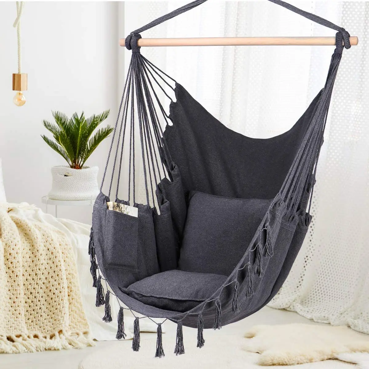 2 Pillow Child/Adult Hammock Hanging Rope Hammock Chair Swing Seat Hammock Chair Relax Hanging Swing Chair for Indoor