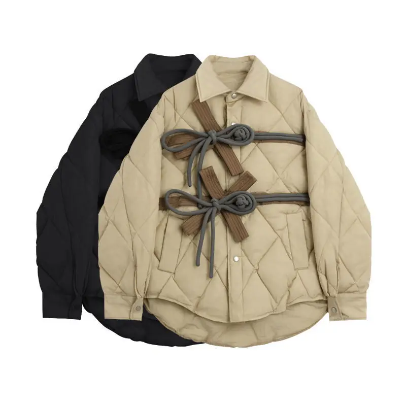 

Loose Lingge Cotton Clothing Women's Autumn And Winter New Retro Chinese Style Disc Buckle Bow Tie Outwear Tide Y864