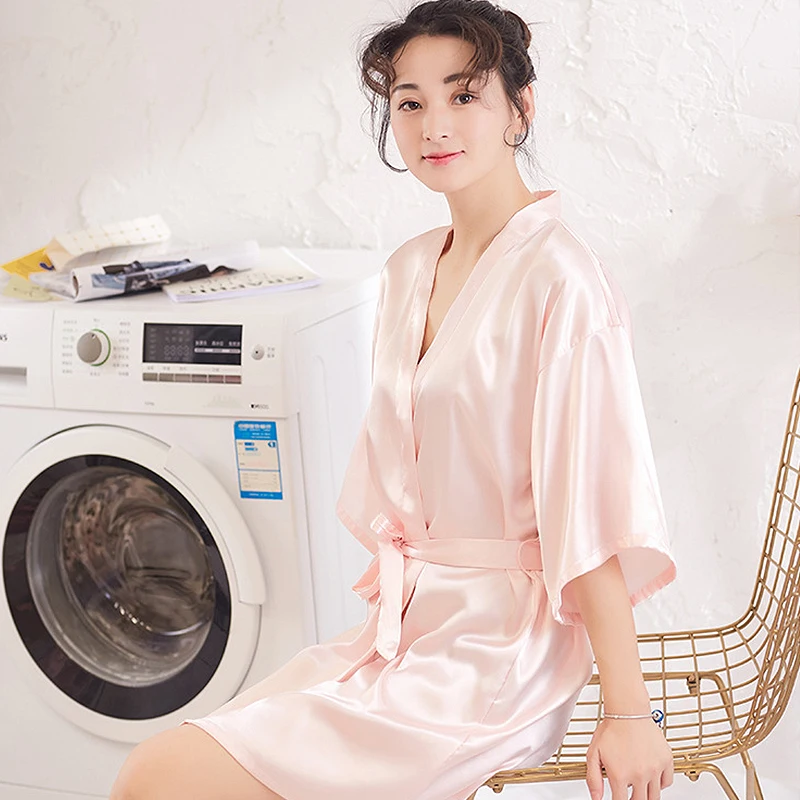 Шелковый Атласный Свадебный халат для невесты подружки Короткое Кимоно с