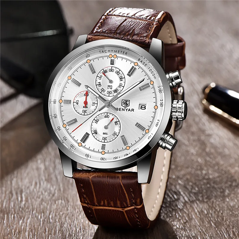 Часы-хронограф мужские спортивные водонепроницаемые из натуральной кожи в стиле