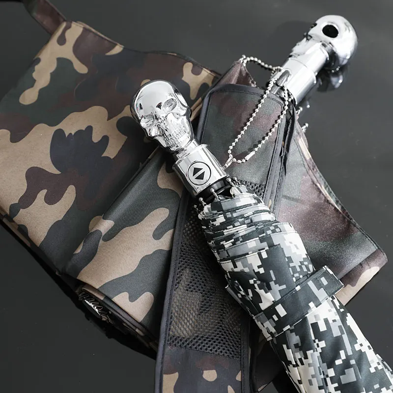 Vintage Camouflage Skull Fully-automaticlly Umbrella Punk High Quality Wind Resistant Portable Three Folding Gift for Men Girls | Дом и сад
