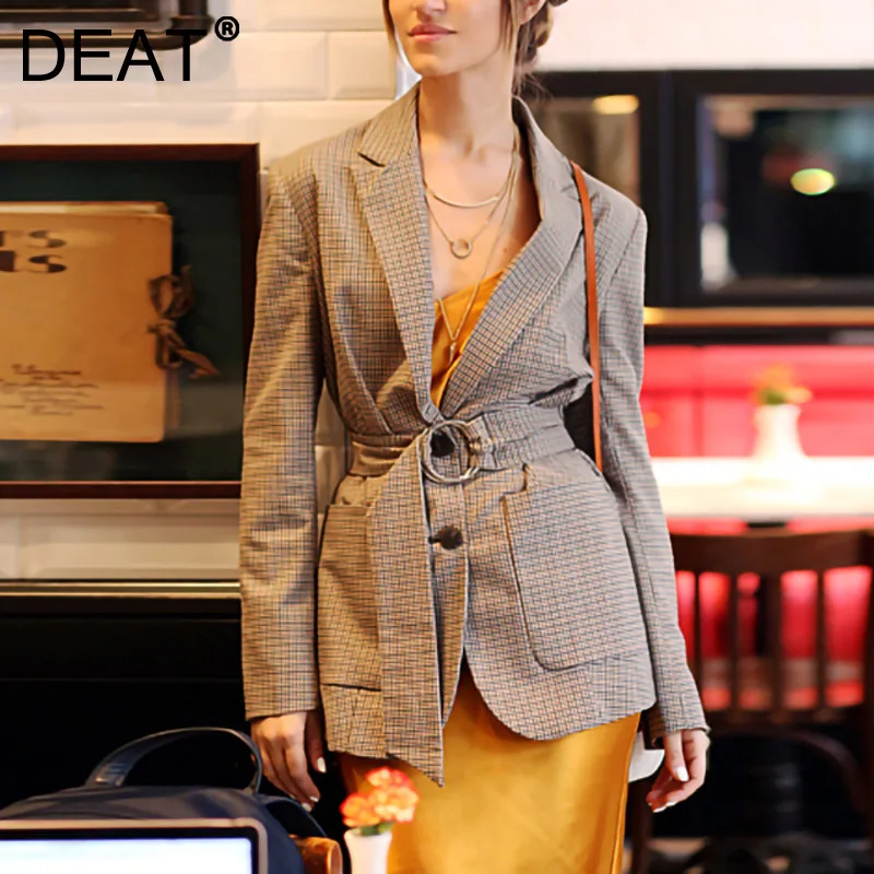 

DEAT 2021 New Women Fashion Notched Long-sleeved Patchwork Plaid Pockets Single Breasted Belt Blazer Spring And Autumn 7E186