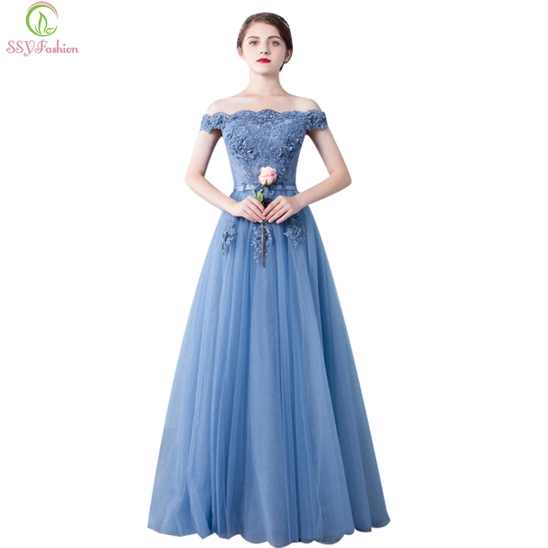 

Женское вечернее платье SSYFashion, Элегантное синее кружевное платье с аппликацией и вырезом лодочкой в пол, платье для выпускного вечера на за...