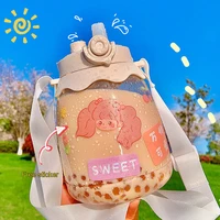 cute plastic water bottle with straw and strap summer travel sport large capacity double straw drinking bottle for girl bpa free