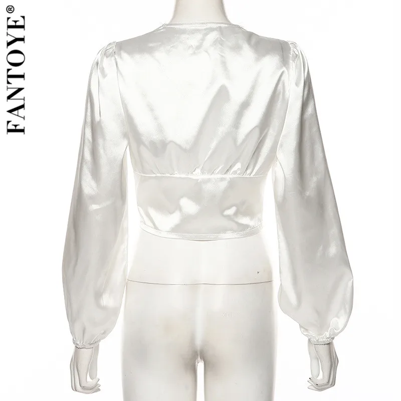 FANTOYE Sexy Deep V-Neck Lace Puff Sleeve Tops Blouses Women Vintage Long Sleeve Slim Blouse Shirts Female Chiffon Shirts Blousa