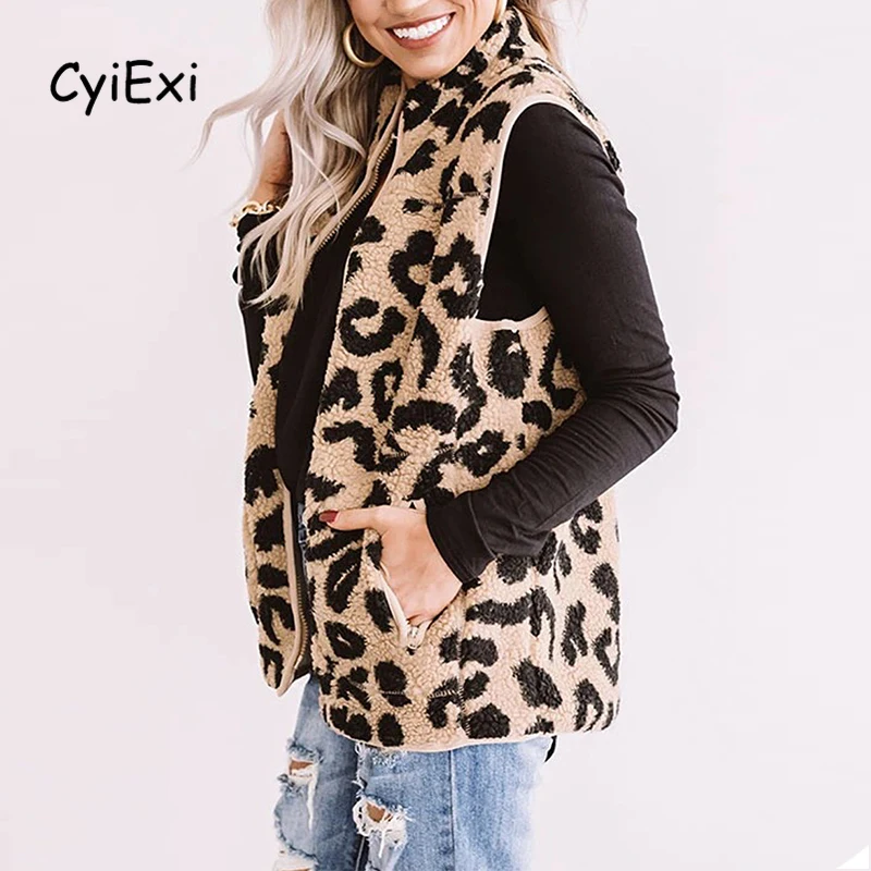 

Теплая Женская куртка CyiExi из шерпы, жилет с леопардовым принтом, Открытый спереди, без рукавов, повседневная безрукавка большого размера, ос...