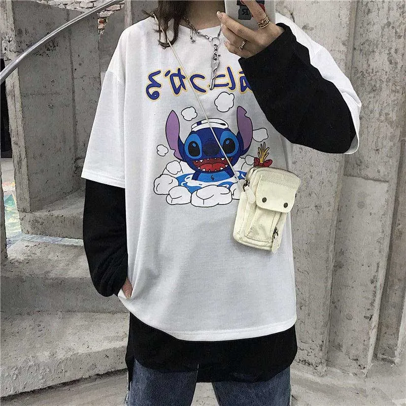 NiceMix Женская Harajuku Винтажная футболка с длинным рукавом Ulzzang лоскутное письмо комический принт свободный Круглый Вырез Эластичный весенний зимний топ F