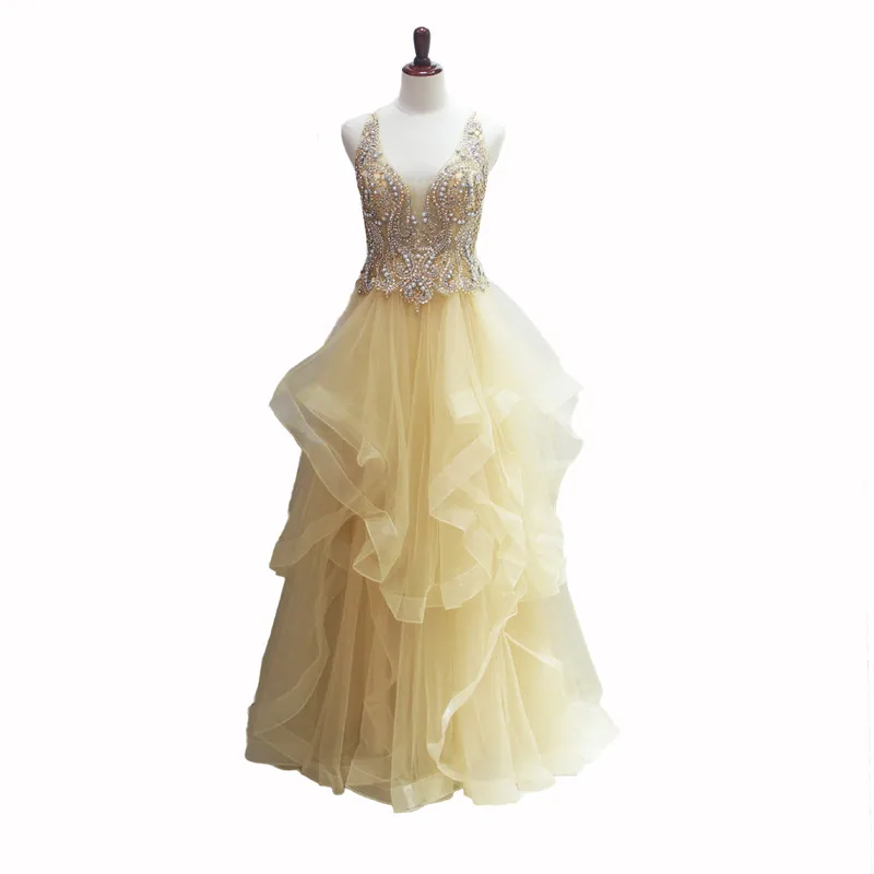 

Sexy Champagne Evening Dress 2021 A-line Beading Backless Ruffles Evening Gown LE40784 Party Wear Dresses For Women