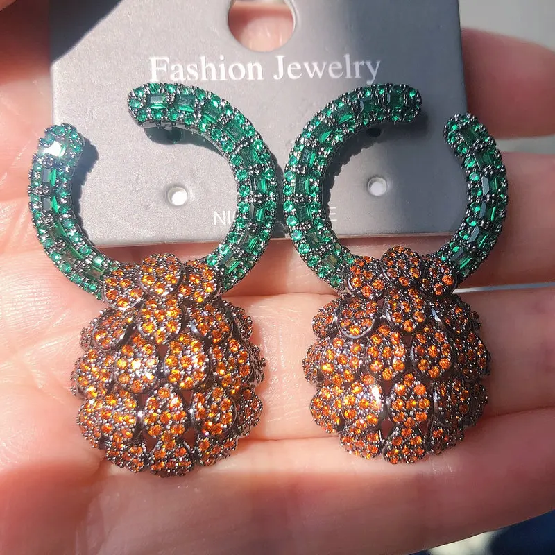 

Bilincolor Luxury Large Micro Cubic Zirconia Paved Orange Pineapple Earring for Women Wedding Party