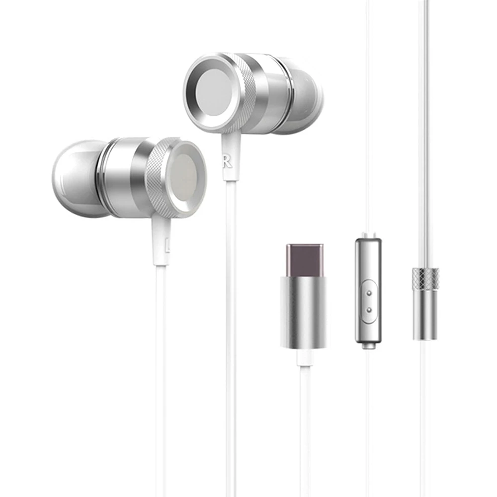 Usb type-C наушники-вкладыши Проводные металлические наушники гарнитура USB-C наушники в линии управления с микрофоном для смартфонов - Цвет: Серебристый