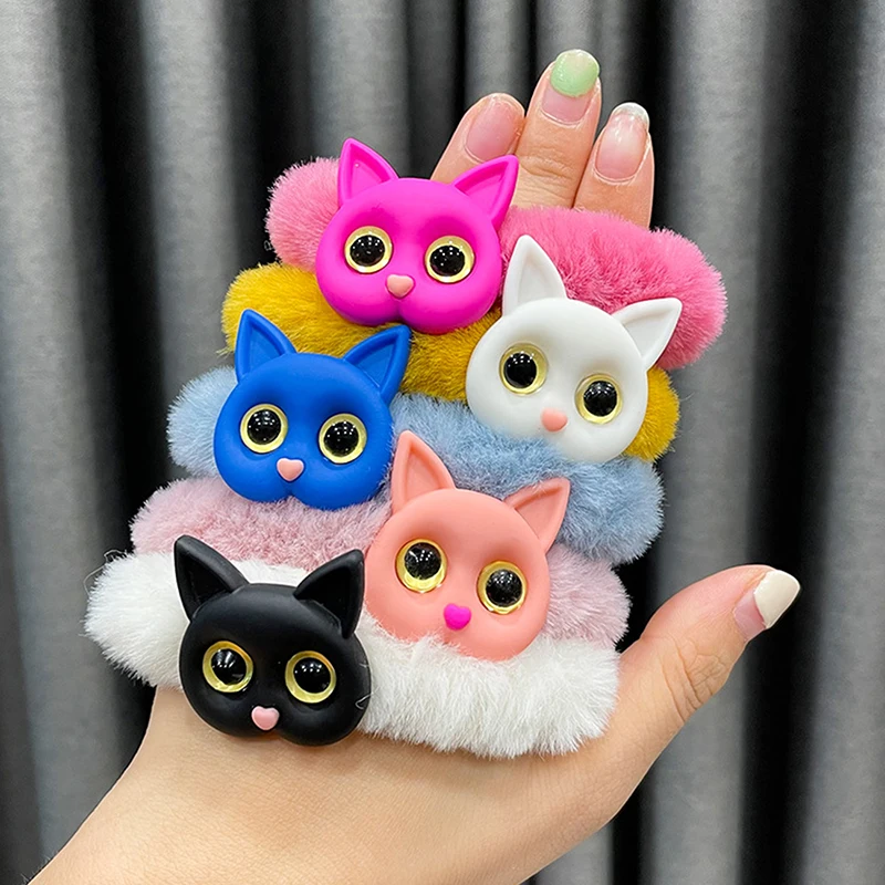 

Cute Cartoon Kitten Rubber Hair Rope Girl Plush Elastic Hair Band Circle Sweet Versatile Head Large Intestine Tie Japan Korean