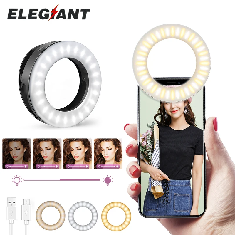 ELEGIANT EGL-04 Ring Light Phone Selfie Stick LED Clip-on Rechargeable Round Lamp Live Stream for Smartphone Laptop iPad YouTube
