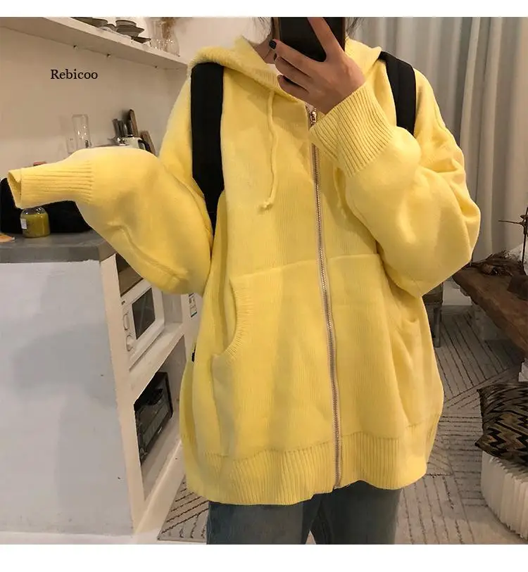 

Thicken Solid Oversized Sweater Hooded Coat Korean Pockets Long Sleeve Jacket Autumn Winter Knitted Cardigan