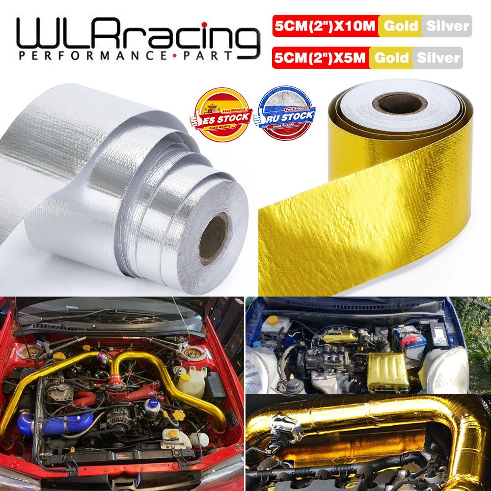 A Gold 2'' Thermal exhaust Tape Air Intake Heat Insulation Shield Wrap Reflective Heat Barrier Self Adhesive Engine 2 Inch 5/10M