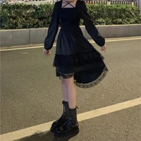 new gothic women black fairy party dress cross square collar lolita princess irregular dress cute kawaii lace ruffles chic dress