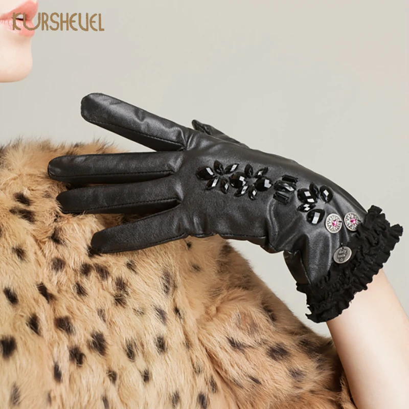 Зимние женские перчатки из натуральной кожи модные мягкие теплые кожаные для