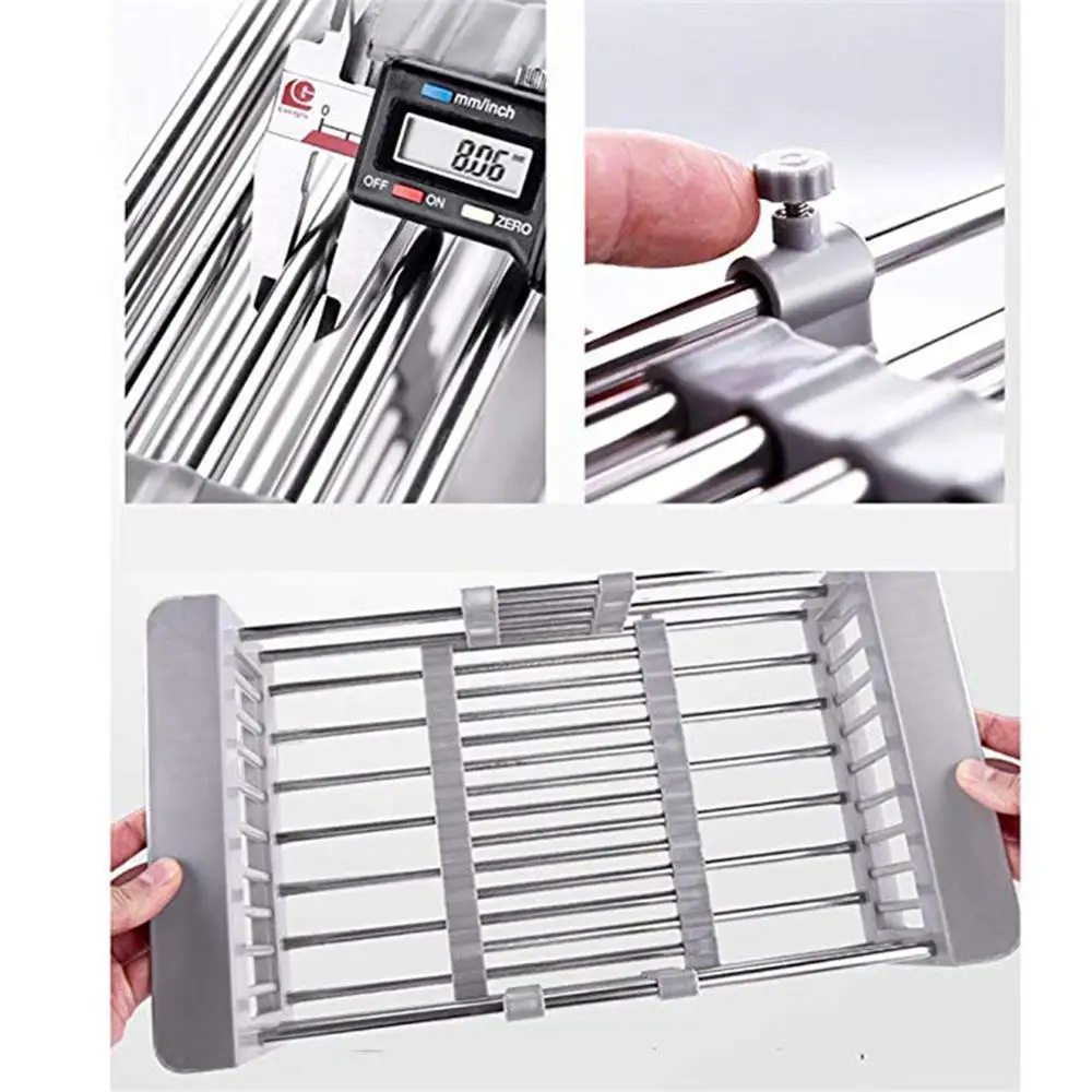 

Stainless Steel Dish Drainer Adjustable Arms Holder Functional Kitchen Sink Organizer Vegetable Fruit Drying Dish Rack