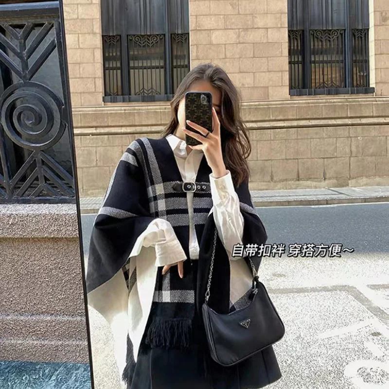 

Knited Double-sided Shawl Sweater Jacket Women Poncho Plaid Cardigan Loose Cloak Outwear Vintage Fashion Tops Korean Clothes