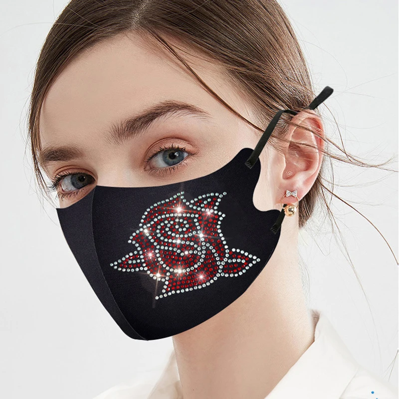 

Fashion Rose Flower Crystals Print Mask For Women Valentine's Day Gift Washable Ice Silk Mouth Caps Outdoor Dustproof Mascarilla
