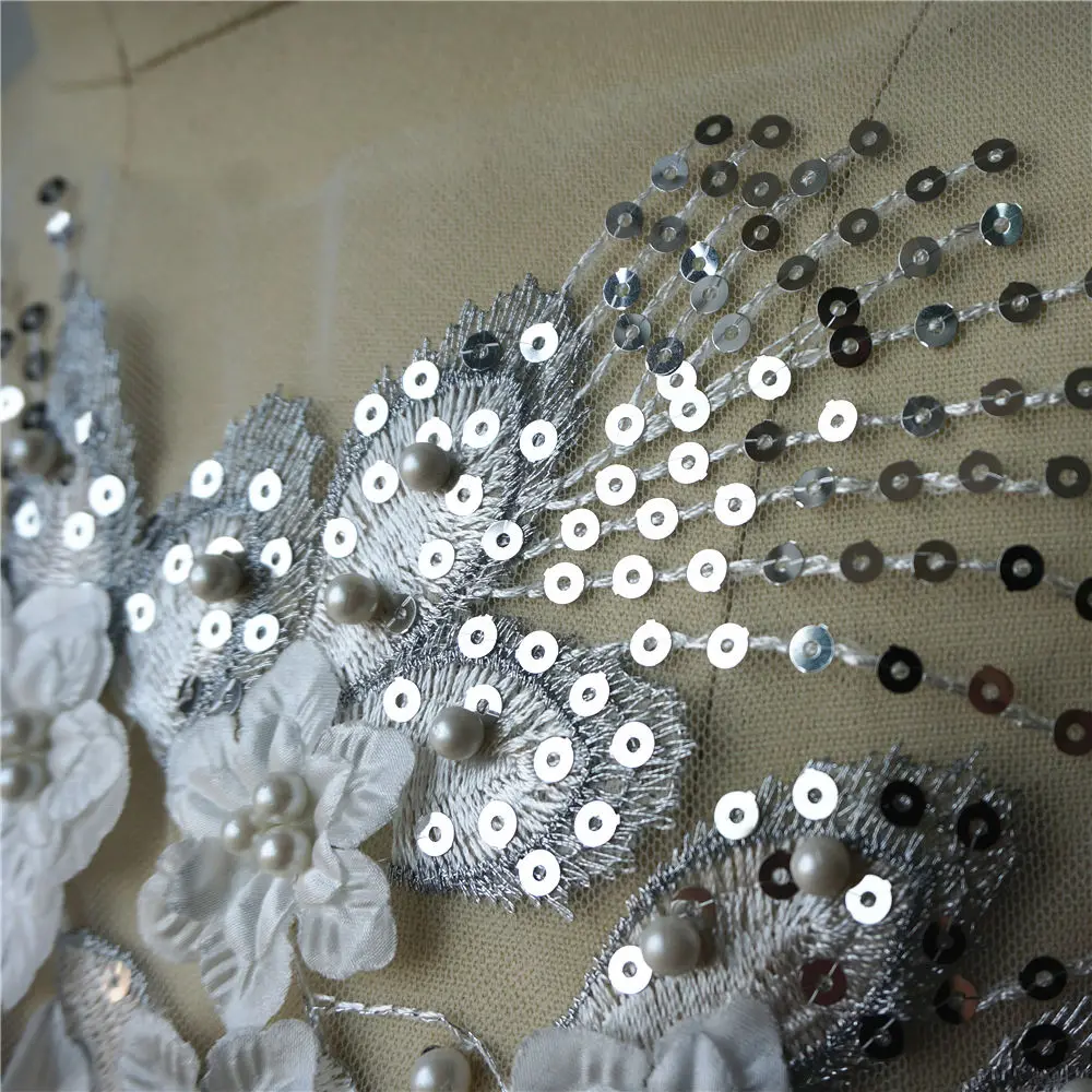 Белая блестящая кисточка 3D Цветочные бусины розы кружевная ткань вышитая