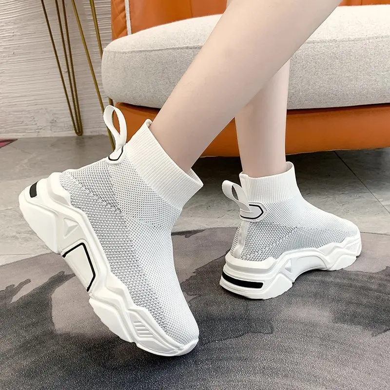 

High Top Sock Sneakers Women Shoes Stretch Fabric Shoes Women Knit Platform Sneakers Casual Vulcanized Shoes Black White