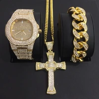 luxury men gold color cross necklace men watch bracelet necklace combo set ice out cuban pendant crystal miami for men