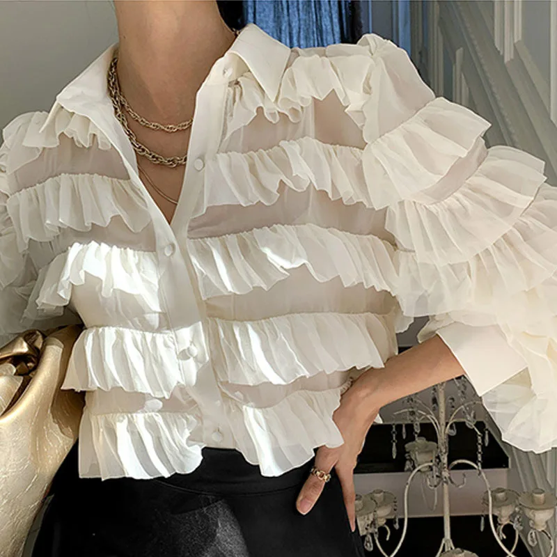 Женская рубашка с длинным рукавом свободная блузка оборками отложным воротником