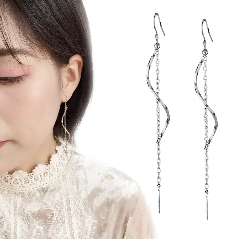 

Silver Color Long Tassel Threader Sparkly Glitter Dangle Earrings For Women Creative Trending Summer Novelty Jewelry