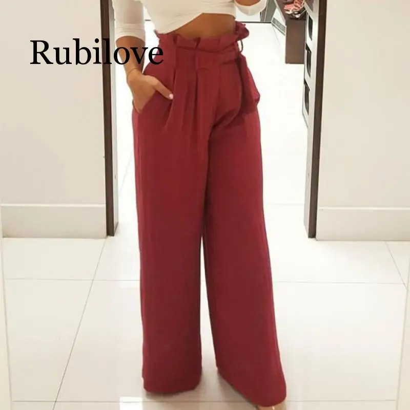 

Rubilove Women's OL Office Loose Stretch High Waist Wide Leg Long Pants Palazzo Trousers