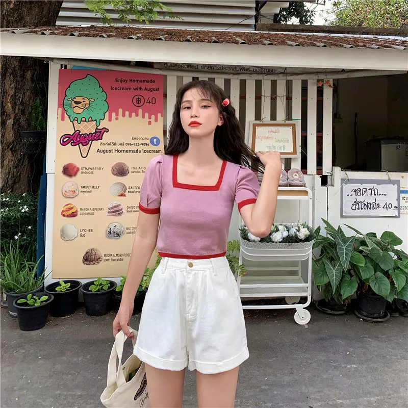 

Square Collar Short Sleeve T-shirt Women's 2021 Summer New Korean Style Sense of Design Short Navel Versatile Contrast Color