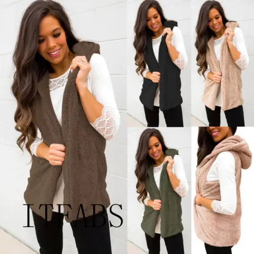 2019 женский зимний жилет с капюшоном Теплый из искусственного меха Кардиган