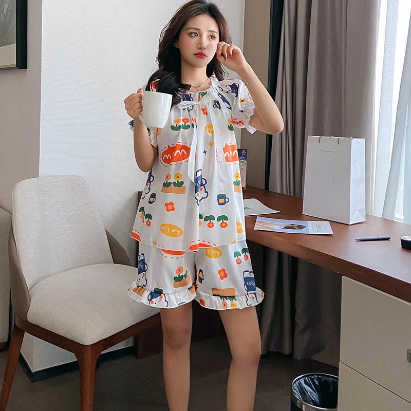 

Tea Cup Flower Pajamas Women's Summer Short Sleeve Ice Silk Korean Style Sexy Suit Thin Artificial Silk Spring and Autumn