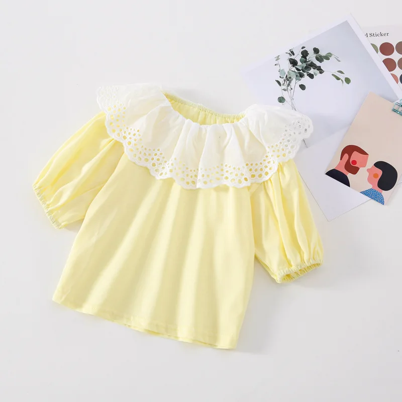

Summer New Arrival Korean style cotton short sleeve all-match t-shirt with big lace collar for cute sweet baby girls